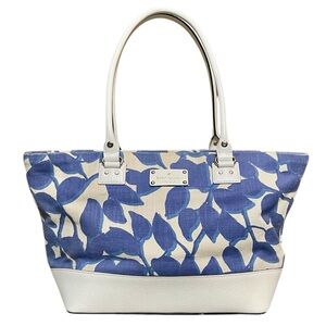 Kate Spade Wellesley Linen Jute Hyacinth Leaf Blue and White Full-Zip Tote Bag